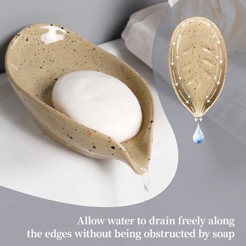 Soap Dish, Self Draining Soap Dishes 2PCS, Leaf Shape Ceramic Bar Soap Holder Drain Soap Dishes for Bathroom Sink Shower Kitchen, Easy to Clean Keeps Soap Dry, ANTIS'S HOME - color: Lightcurry-2pcs-enhanced Draining