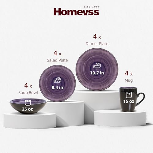 HomeVss Sonoma 16-Piece Dinnerware Set - Serves 4, Black and Speckled Purple Plates & Bowls Set | Microwave & Dishwasher Safe, Spinwash Purple - color: Purple