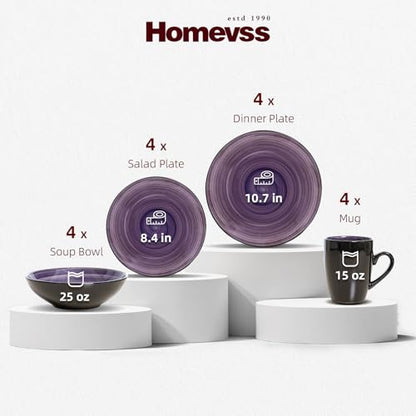 HomeVss Sonoma 16-Piece Dinnerware Set - Serves 4, Black and Speckled Purple Plates & Bowls Set | Microwave & Dishwasher Safe, Spinwash Purple - color: Purple