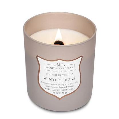 Manly Indulgence Winters Edge Scented Candles for Men, 15 oz Wooden Wick, Premium Soy Blend Wax, 60H Burn, Candles for Home Scented - Made in The USA - color: Winters Edge