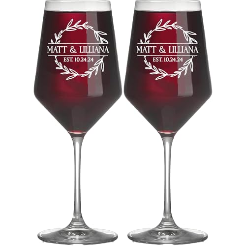 Personalized Wedding Wine Glasses, Engraved Mr & Mrs Wine Glass | Custom Crystal Glass for Bride and Groom, 18oz Wedding Glasses, Personalized Gifts for Couples, Husband and Wife, Newlyweds - color: Crystal Wine, size: Leaf