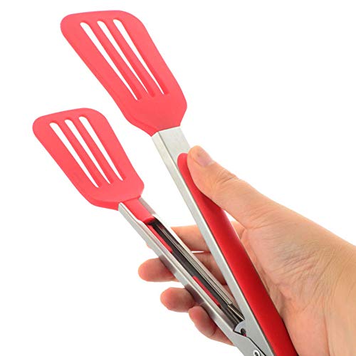 Cooking Tongs 9" and 12" Stainless Steel Kitchen Silicone Serving Tongs | Heat Resistant Meat Turner Spatula Tong Fish Tongs for Grilling Steak Salad Pasta Buffet Serving (Red) - color: Red, size: 9 & 12 inch