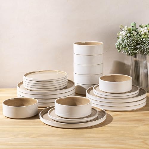 AmorArc Ceramic Dinnerware Sets for 8,24 Piece Plates and Bowls Sets Dishes | Stoneware Handmade Reactive Glaze Dishes Set | Highly Chip and Crack Resistant | Dishwasher & Microwave Safe - color: Reactive Sand, size: Service for 8