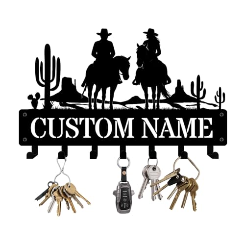 NIWAHO Personalized Key Holder Wall Mount Western Cowboy Couple Riding Horse Metal Key Hooks – Custom Name Wall Rack for Entryway, Kitchen, Bedroom, Wedding or Housewarming Gifts - color: Cowboy & Cowgirl