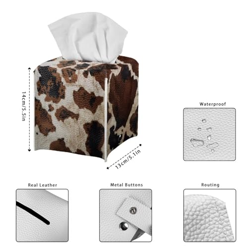 Brown Cow Print Square Tissue Box Holder with Bottom Belt Foldable Napkin Facial Tissue Holder Dispenser Home Car Office Paper Organizer - color: Brown Cow Print