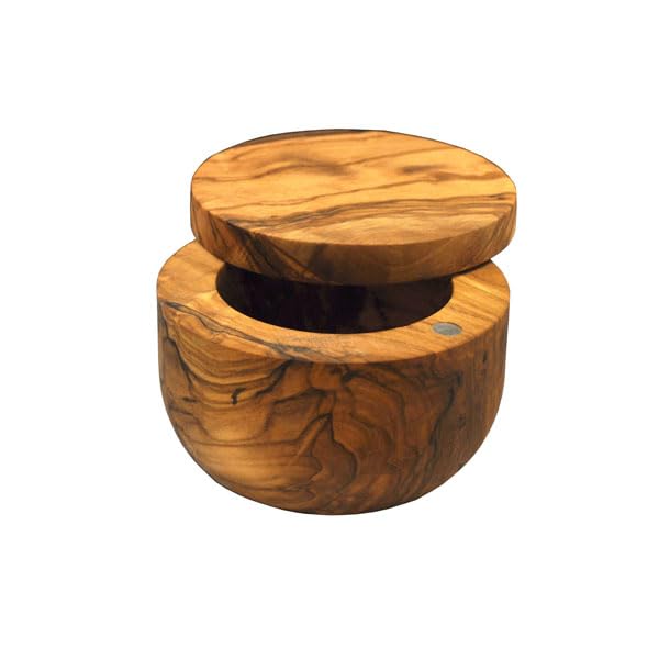 Olive Wood Salt Keeper/Pot/Salt Box with Magnetic Pivoting Lid