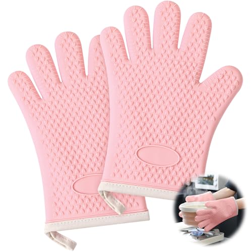 1 Pair Oven Mitts, Heat Resistant Protective Oven Gloves, Cotton Lined Silicone Kitchen Mitts Pair, Nonslip Silicone Cooking Gloves with Fingers (Pink) - color: Pink