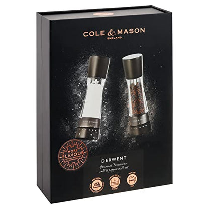 Cole & Mason H332293 Derwent Black Wood Salt and Pepper Mills, Gourmet Precision+, Adjustable Grind, Stained Beech/Acrylic, 190 mm, Gift Set, Includes 1 Salt and 1 Pepper Grinders - color: Black Wood