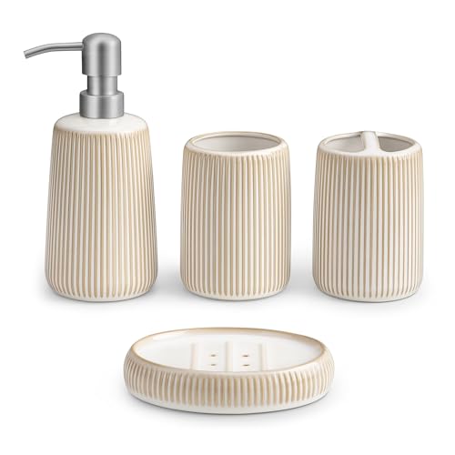vancasso Ceramic Bathroom Accessories Set 4 Piece, Soap Dispenser with Stainless Steel Pump, Toothbrush Holder, Tumbler and Soap Dish, Modern Relief Design, Bathroom Decor Organizer, Beige-White - style: Beige-White