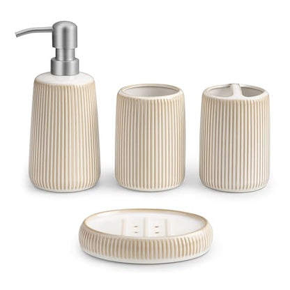 vancasso Ceramic Bathroom Accessories Set 4 Piece, Soap Dispenser with Stainless Steel Pump, Toothbrush Holder, Tumbler and Soap Dish, Modern Relief Design, Bathroom Decor Organizer, Beige-White - style: Beige-White