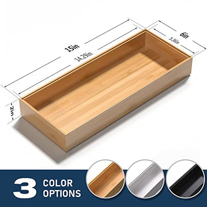 VeyFey Bamboo Drawer Organizer, Stackable Utensil Organizer for Kitchen, Bamboo Storage Box Wood Silverware Tray for Drawer 15" x 6" x 2" Set of 2 - size: 15" x 6" x 2"