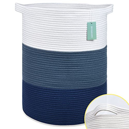 Cotton Rope Blanket Basket, 72L Tall Laundry Hamper, White & Blue | 16"x 22", Large Collapsible Woven Nursery Hamper with Sturdy Handles for Clothes Toys Towels, Bedroom Living Room Bathroom - color: White & Cadet Blue & Navy Blue, size: 72L (16"x22")