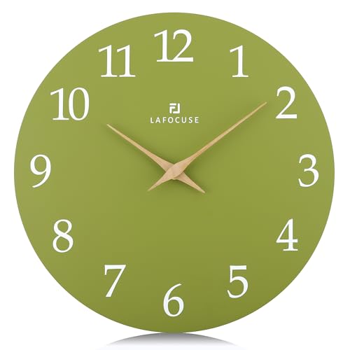 Lafocuse 12 Inch Simple Wooden Green Wall Clocks Kitchen Battery Operated | Wooden Clock hands, Silent Non-Ticking, Analog, Modern Minimalist Style for Living Room Decor Bedroom Office, Reloj de Pared - color: Olive Green