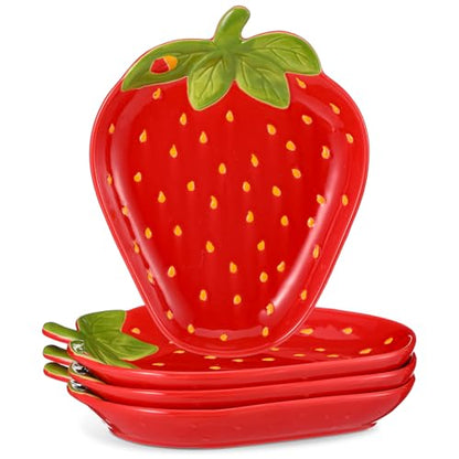 LemonRoad 4 Pcs Ceramic Strawberry Plates 9 Inch Food Serving Platters Strawberry Theme Party Decorations Cute Fruit Salad Plates Dishes Spring Tableware Serving Tray for Dinner Dessert Picnic Candy