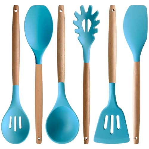 Kitchen Utensils Set 6-Piece Non-Stick Silicone Cooking Utensils Set, Wood Handle Heat Resistant Spatula Spoon Turner Ladle Pasta Server Cooking Kitchen Gadgets BPA Free for Nonstick Cookware - color: Light Blue, size: Standard 6-Piece Set