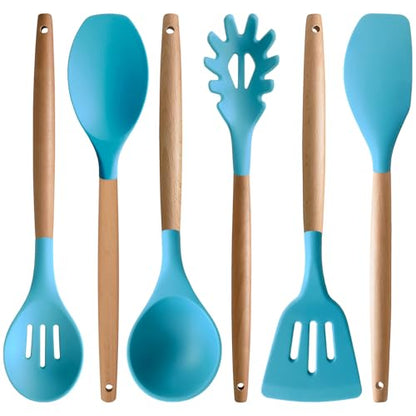 Kitchen Utensils Set 6-Piece Non-Stick Silicone Cooking Utensils Set, Wood Handle Heat Resistant Spatula Spoon Turner Ladle Pasta Server Cooking Kitchen Gadgets BPA Free for Nonstick Cookware - color: Light Blue, size: Standard 6-Piece Set