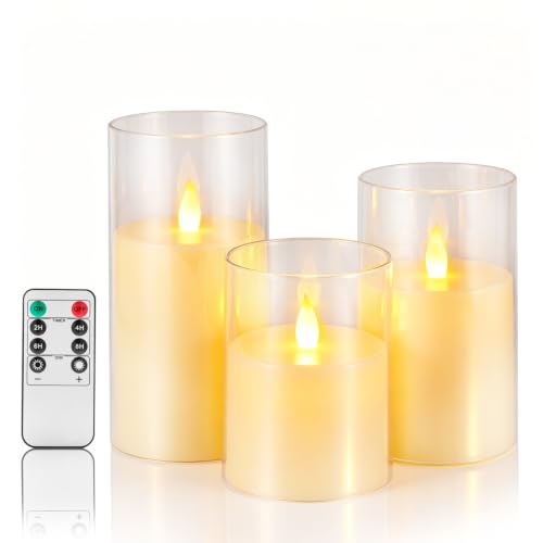 Flameless Candles with Remote, Set of 3 LED Pillar Candles (3" D x4 5" 6" H), Realistic Climbing Flame Battery Powered Candles for Home Wedding Christmas (Clear Shell Ivory) - color: White, size: 3 Pack