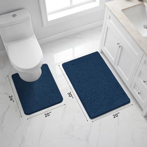 Bcoimo U Shaped Bath Rug Mat Set,2 Piece Chenille Navy Toilet Bathroom Rugs | Extra Soft Bathroom mat set;Non Slip with Rubber Back Bath Mats;High Absorbent And Quick Dry Microfiber mat; Machine Washable - color: Navy, size: U24×20 Plus 30×20