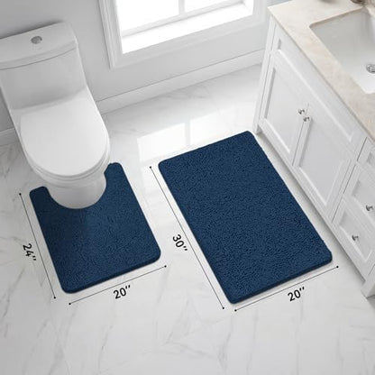 Bcoimo U Shaped Bath Rug Mat Set,2 Piece Chenille Navy Toilet Bathroom Rugs | Extra Soft Bathroom mat set;Non Slip with Rubber Back Bath Mats;High Absorbent And Quick Dry Microfiber mat; Machine Washable - color: Navy, size: U24×20 Plus 30×20