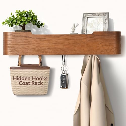 Coat Rack Wall Mount with Hidden Hooks Modern Key Holder Wood Entryway Hook with Shelf for Bedroom Kitchen Hallway Bathroom Designed for Hanging Coats Hats Bags Towel Dog Leashe(Walnut,5 Hooks) - color: Walnut, size: 5 Hooks