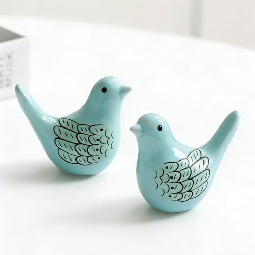 2 Pcs Handmade Ceramic Birds Statues Modern Decorative Ornament for Home Garden Office Shelf, Cute Bird Lover Gift, Small Bird Figurine Animal Sculptur (Blue) - color: Blue