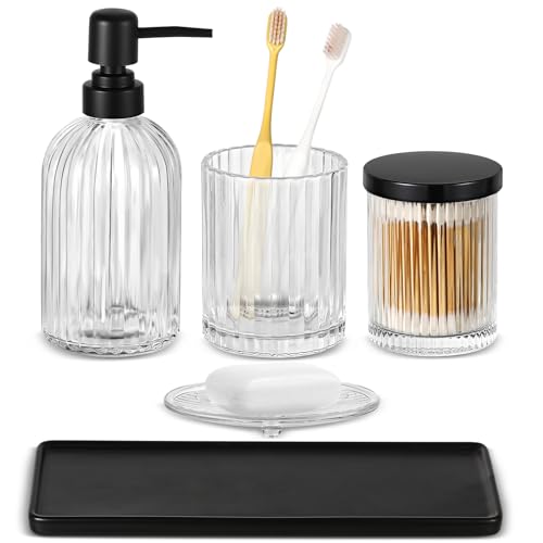 Shinowa Glass Bathroom Accessories Set, 5 Piece Luxury Bathroom Sets | Modern Vanity Countertop Organizer with Soap Dispenser, Toothbrush Holder, Q-Tips Holder, Soap Dish, Ceramic Tray,Clear+Black - color: Black & Clear