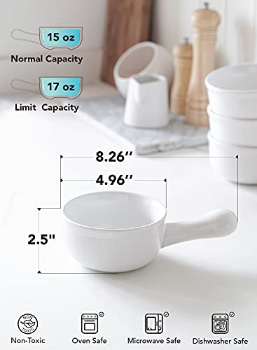 LE TAUCI Soup Bowls with Handle, 15 Oz Ceramic French Onion Soup Bowls, Large Soup Crocks Oven Safe for Stew, Onion, Soup, Chilli, Set of 4, White - color: White