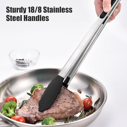Doosu 16in Kitchen Tong for Cooking - 600°F Heat Resistant Food Tong with Non-Scratch Silicone Tips & 600°F Heat Resistant Silicone Spoon Spatula Set of 3 Cooking Spoons for Stir Mixing (Black)