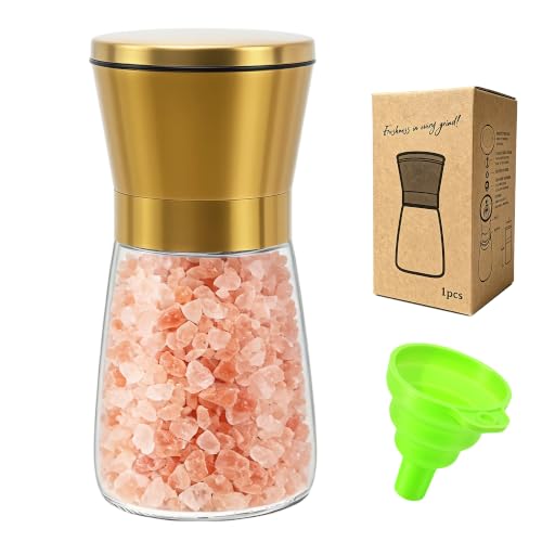 Short Manual Gold Sea Salt and Pepper Grinder Refillable with Funnel | Adjustable Coarseness Shiny Gold Cap Salt Pepper Mill with Magnetic Lid, Kitchen Decoration Gift - color: Gold, size: 1PK