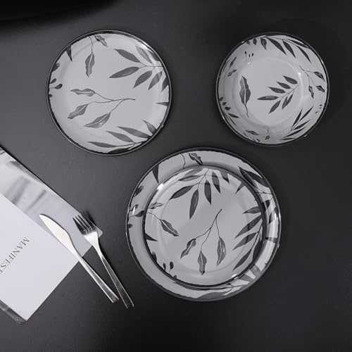 12pcs Dinnerware Set, Melamine Plates and Bowls Sets, Grey Leaves | Farmhouse Tableware Service for 4, Unbreakable Dinner Salad Dessert Plate, Cereal Bowl Set for Outdoor, Durable RV Dishes - color: Grey Leaves