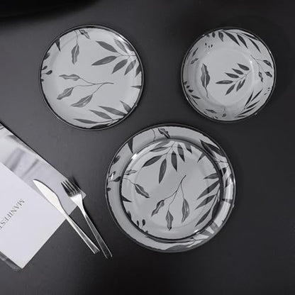 12pcs Dinnerware Set, Melamine Plates and Bowls Sets, Grey Leaves | Farmhouse Tableware Service for 4, Unbreakable Dinner Salad Dessert Plate, Cereal Bowl Set for Outdoor, Durable RV Dishes - color: Grey Leaves