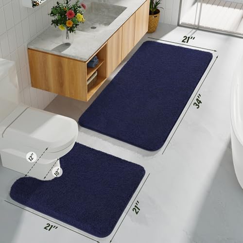 Navy Blue Bathroom Rug Set 2 Piece Bath Mat 21x34 U Shape Toilet Rug 21x21 | Absorbent,Washable,Non Slip Bathroom Rugs Sets,Contour Mat for Toilet - color: Navy Blue