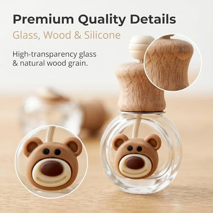 2 Pack Bear Refillable Car Vent Clip Diffuser Empty Glass Bottle | Wood lid aroma bottle with dropper, holds essential oils for car wardrobe home bathroom use - size: Bear-A1 - 2PCS