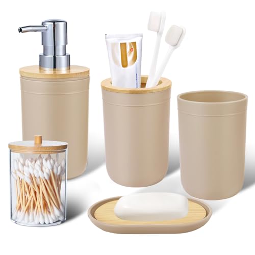 Bathroom Accessories Set 5Piece Beige Bathroom Sets, Toothbrush Holder, Toothbrush Cup, Lotion Soap Dispenser, Soap Dish and Qtip Holder Bathroom Decor - style: Beige