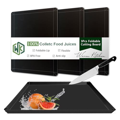 WK Flexible Plastic Cutting Boards Mats with Lip, Foldable Cutting Board for Kitchen Set of 3, Black Cutting Boards for Meat, Nonslip Cutting Mats Sheets, BPA Free, Dishwasher Safe - color: Foldable - Black - 3