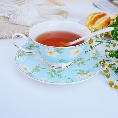 Bone China Tea Cup and Saucer Set with Spoon，Elegant Floral Tea Cup Set (7 oz)，British Coffee Latte Mug for Birthday Party Christmas gift for Friends - color: Camellia-blue