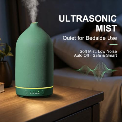 200ML Ceramic Essential Oil Diffuser for Home, Stone Diffuser | Ultrasonic Aromatherapy Diffuser & Air Humidifier for Bedroom, Office, Yoga, 7 LED Lights, Auto Shut-Off, 3 Timers, Green - color: Green
