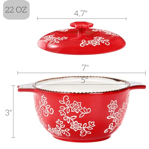 AVLA 4 Pack Ceramic Soup Bowls with Lid and Double Handles, 22 OZ French Onion Soup Crock, Small Casserole Dish for Oven, Mini Cocotte Set Baking Ramekins for Stews, Cereal, Oatmeal or Pasta