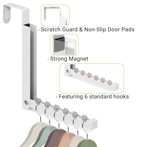 2 Pack Over The Door Hooks, 6 Hooks Foldable Door Hanger Clothes Drying Rack, Portable Space Saving Organizer for Entryway Bedroom Laundry Room Travel, White