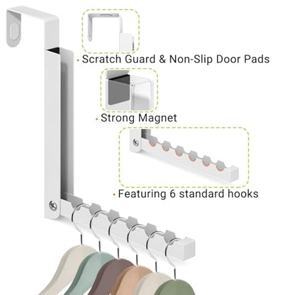2 Pack Over The Door Hooks, 6 Hooks Foldable Door Hanger Clothes Drying Rack, Portable Space Saving Organizer for Entryway Bedroom Laundry Room Travel, White