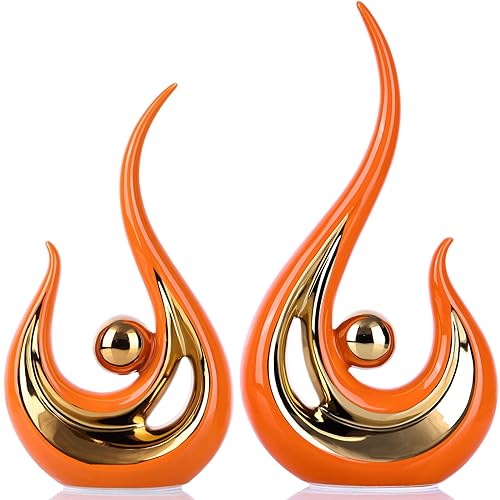 XMGZQ 2pcs Orange and Gold Modern Abstract Art Statue Table Decoration,Elegantes Ceramic Statue for Home Décor Accent,Mantel,Bookshelf,Centerpiece Table Decorations for Dining Room,adornos para sala - color: Orange