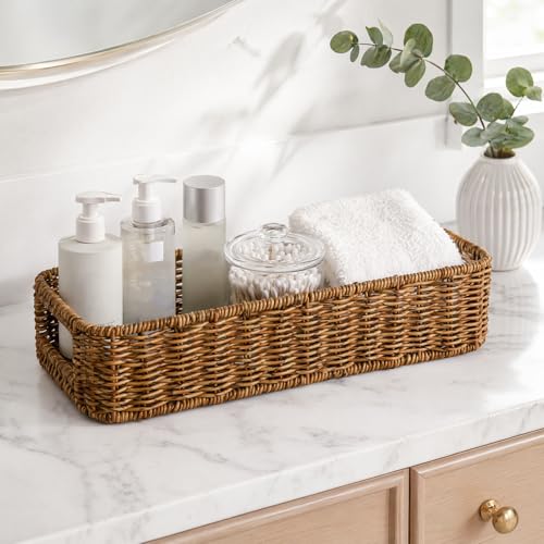 ZAVOOS 2 Pack Toilet Tank Basket with Handwoven Built-in Handle | Rectangular Wicker Shelf Baskets for Organizing, Countertop Storage Bin for Bathroom Tank Top, Bedroom Closet