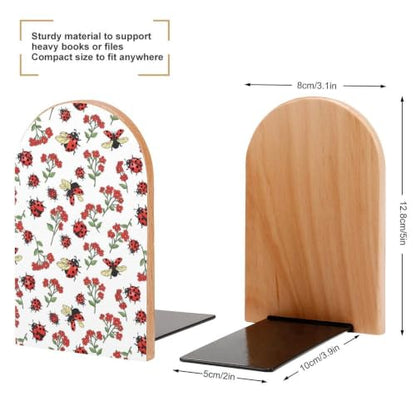 Wooden Book Ends with Metal Base Bookends Supports for Shelves, Ladybug | Cute Red Flower Green Leaves, Non-Slip Book Stoppers for Magazines, Books, DVDs, Small, 1 Pair - color: Style(513)