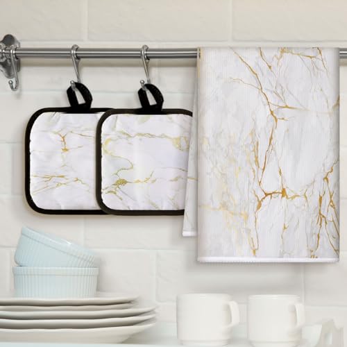 Sratte 6 Pcs Farmhouse Marble Kitchen Towels Pot Holders Oven Mitts Set 2 Dish Towels 2 Potholders 2 Cooking Mittens Oven Glove for Cooking Baking Grilling Supply (White, Gold) - color: White, Gold