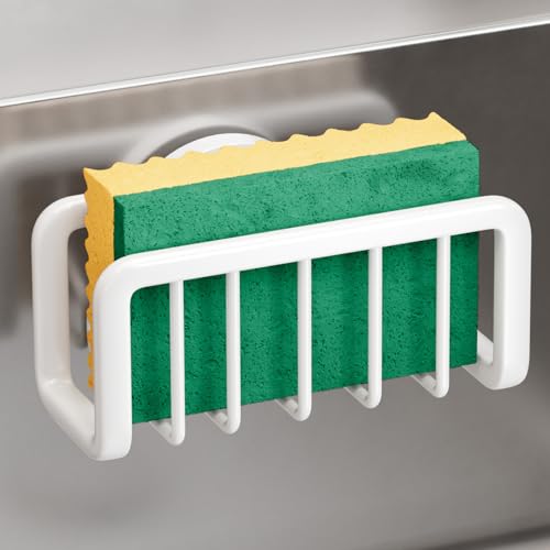 TAILI White Sponge Holder for Kitchen Sink with Strong Suction Cup | Removable Sink Caddy for Kitchen Sink Oganizer, Rustproof Aluminum Sink Sponge Holder for Scraper Brushes, Stoppers - color: White, size: 5.1" x 2.3"