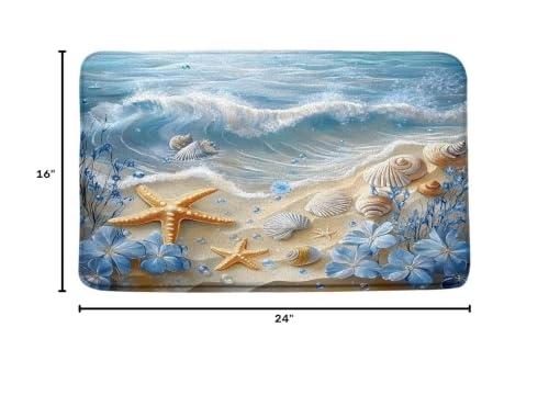 Nautical Coastal Bath Mat Beach Starfish Seashell Blue Flower Ocean Waves Marine Life Modern Microfiber Memory Foam Bathroom Rug Doormat Kitchen Toilet Floor Rug - size: 16x24Inch(40x60cm)