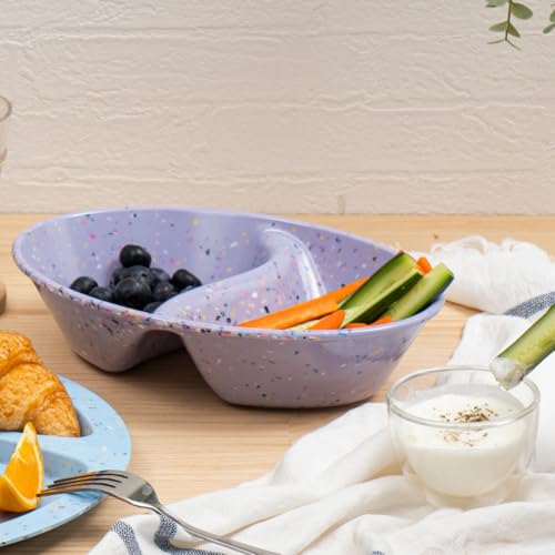Confetti Divided Bowl Set of 2, 100% Melamine BPA-Free Stackable Unbreakable Bowls with Two Compartments, Ideal for Snacks, Chips & Dips, Cereal, Dishwasher-Safe Color: Purple - color: Confetti Purple