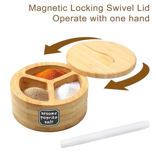 Salt Cellar - Salt Container Holder with Swivel Magnetic, 3 Compartment Salt Cellar with Lid and Spoon Holder, Wood Bowl Box, Salt and Pepper Bowls with Swivel Lid to Storage, 6OZ