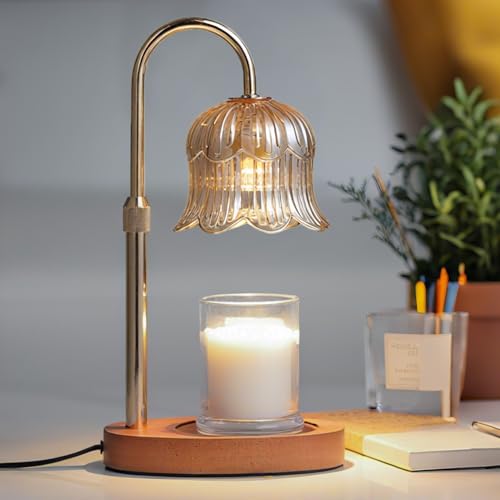 CRMILL Candle Warmer Lamp with Timer: Adjustable Dimmable Height Adjustable Warming - Flower Shape Wax Lamp Jar Candles No Flame Modern Home Decor Table Lights - Home Living Bedroom - color: Amber-electroplatedgoldplating