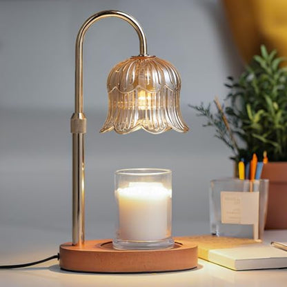 CRMILL Candle Warmer Lamp with Timer: Adjustable Dimmable Height Adjustable Warming - Flower Shape Wax Lamp Jar Candles No Flame Modern Home Decor Table Lights - Home Living Bedroom - color: Amber-electroplatedgoldplating